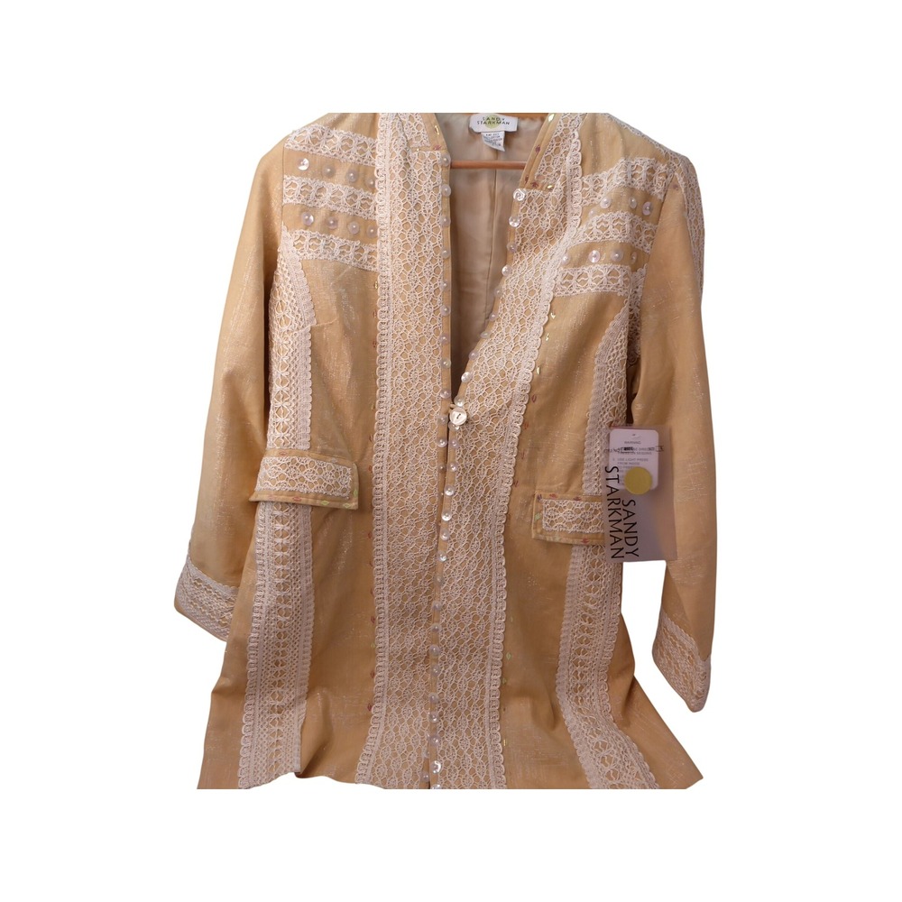 Sandy Starkman Vintage Cotton Shimmer Lace Sequin Jacket Gold Tan Large New NWT